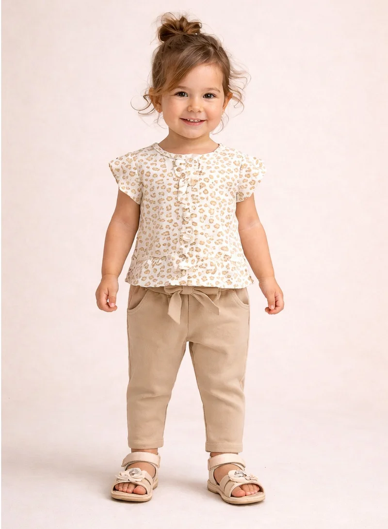 ديركجي طقم بناتي قطعتين بلوزة بنقشة الفهد مع بنطلون رياضي ناعم